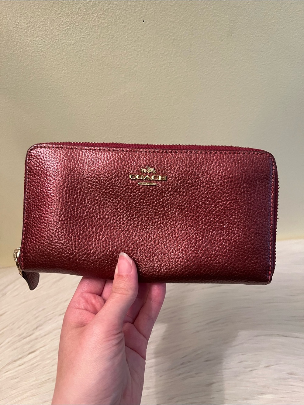 Coach Accordion Metallic Burgundy Pebbled Leather Zip Wallet